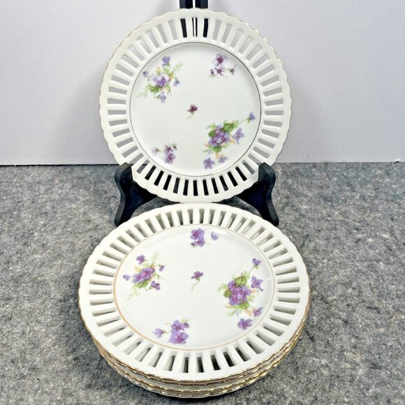 VTG AIYO China (5) Reticulated 7" Plates Violets Floral Gold Occupied Japan - Picture 1 of 16